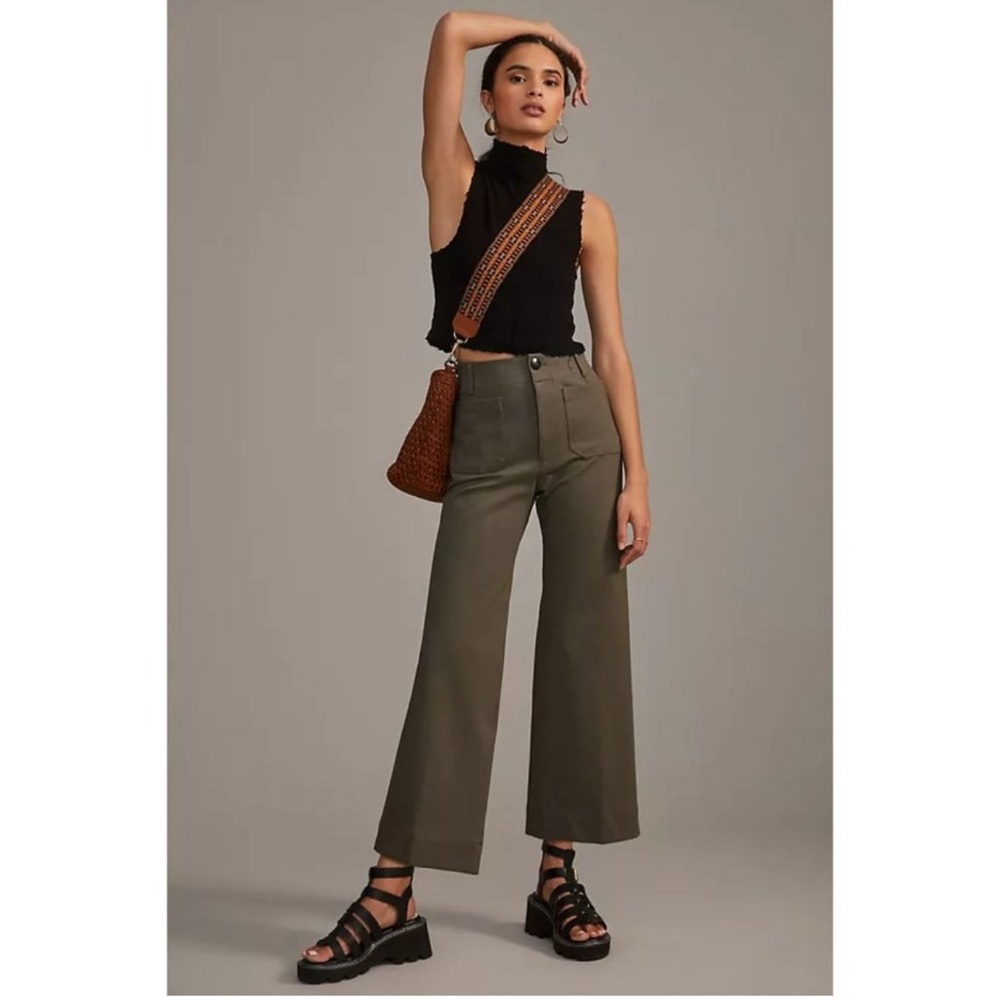 Anthropologie Maeve The Colette High Rise Wide Leg Ponte Pants in Olive Green